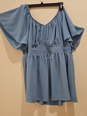 Blue Off-Shoulder Flutter Sleeve Women's Top